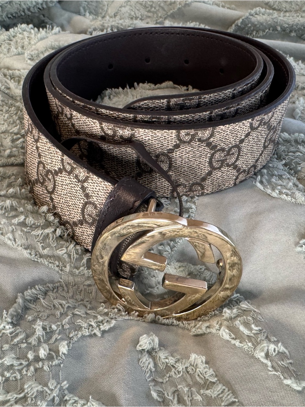 Gucci Beige/Brown GG Monogram Belt with Gold Double G Buckle
